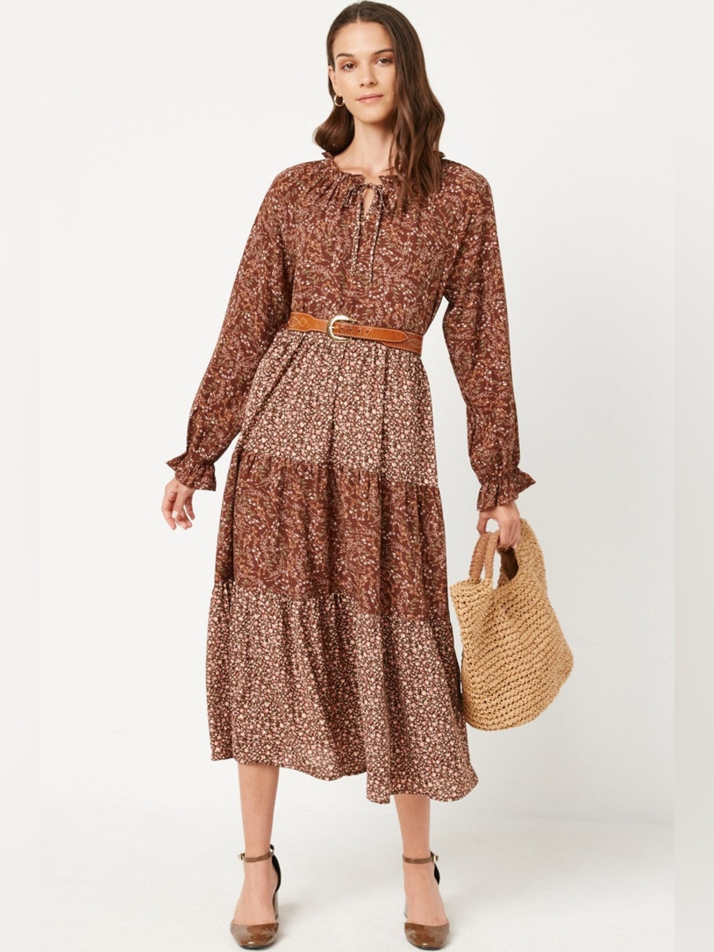 Hayden Brown Floral Tiered Midi Dress with Tie Neck